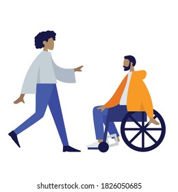Two people, a disabled man and a standing woman, are talking to each other, colorful human illustrations on white background, disabled illustration