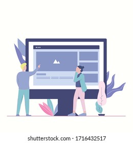dos personas discuten sobre el trabajo. sitio web del programa de ordenador grande