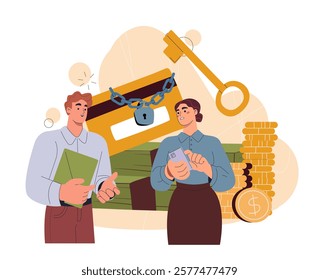 Two people discuss financial matters with a credit card, lock, key, coins, and cash in the background. Modern flat style on a white background. Vector illustration