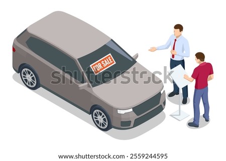 Two people discuss a gray car with a For Sale sign in an isometric scene. A salesman explains details while a customer listens attentively. Dealership, showroom