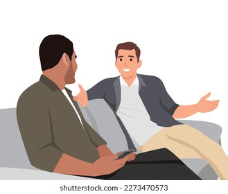 Two people discussing business investment on the sofa. Flat vector illustration isolated on white background