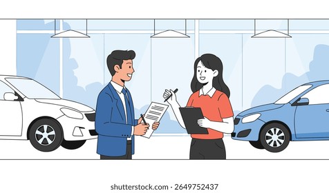 Two people discussing a car purchase agreement inside a showroom with cars on display