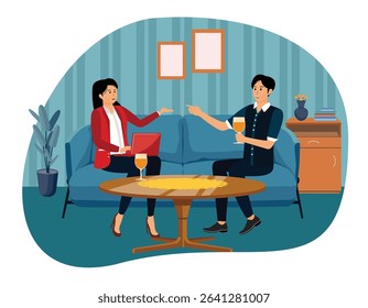 Two People discussing in a cozy living room setting, interacting expressively on a couch while enjoying beverages on a wooden coffee table.