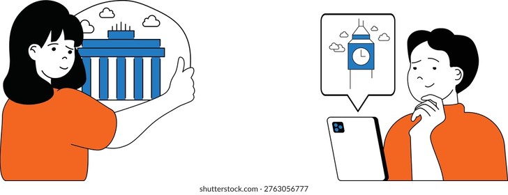 Two people discussing a digital clock and a building on their devices with thoughtful expressions
