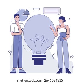 Two people discussing ideas with a large lightbulb, pie chart, and chat bubble on a white background, symbolizing collaboration and brainstorming. Vector illustration