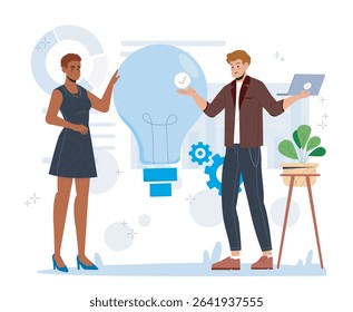 Two people discussing a large light bulb symbol, one holding a laptop, with abstract charts and gears in the background. Concept of innovation and teamwork. Vector illustration