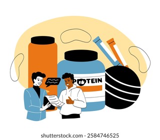 Two people discussing nutrition supplements with protein powder and fitness items in background. Flat style on white and yellow backdrop, health concept