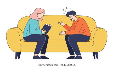 Two People Discussing on a Couch with Books and Orange Sweater in the Room