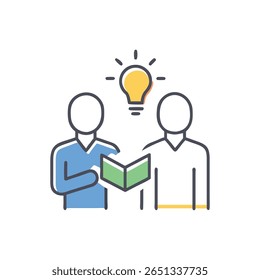 Two people discussing an open book, an illuminated lightbulb represents ideas and brainstorming. Flat graphic style on black backdrop.