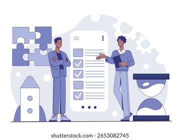 Dos personas discutiendo la lista de verificación del proyecto con iconos de rompecabezas, cohete y reloj de arena en estilo plano moderno sobre fondo abstracto. Concepto de trabajo en equipo y planificación. Ilustración vectorial