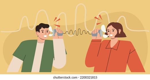 Two people discussing something using tin can telephone. Friends talking through a tin phone Communication concept. Vector cartoon style illustration.