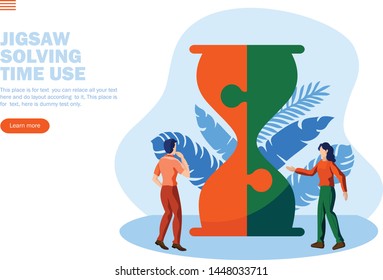 two people discussing time saving strategy with jigsaw hour glass  concept vector illustration
