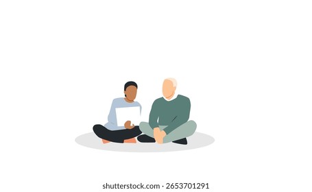 Two people in discussion. People sitting together looking at the laptop.