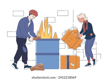 Two people disposing of cardboard boxes in a fire bin. Homeless people are warmed by a fire in a barrel. Flat minimalist line art style cartoon vector illustration