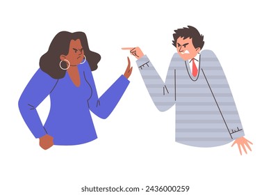 Two people in a dispute, with intense expressions and gesturing, in a modern vector illustration capturing a moment of disagreement
