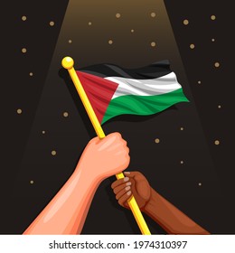 Two People In Diversity Race Holding Palestine Flag, Support Freedom Illustration Cartoon Vector