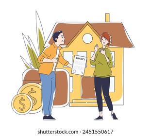 Two people with a divorce paper, coins, and a house, signifying financial discussions during separation. Modern simple style line art vector illustration