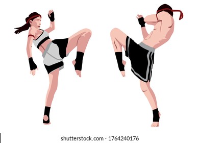 Two people doing Muay Thai moves in a sparing match Thailand martial arts Muay Thai tournament stance high kick