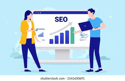 Two people doing SEO work on computer screen. Search engine optimisation concept in flat design vector illustration