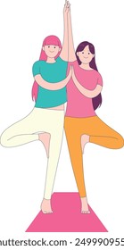 Dos personas están haciendo yoga sobre un fondo blanco