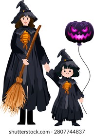 Two people dressed in black witch costumes holding hands, one holding broom and other holding spooky purple pumpkin balloon, celebrating Halloween with joyful expressions