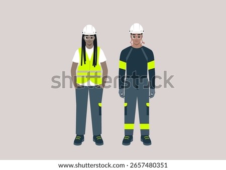 Two people are dressed in personal protective equipment, demonstrating safety standards at a construction site, emphasizing protection and safety awareness in their roles
