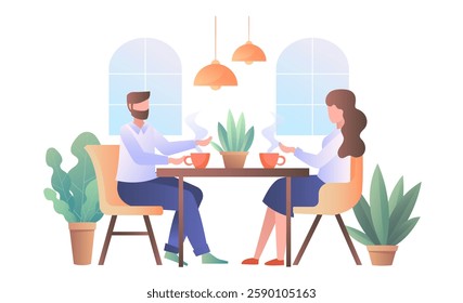 Two people drinking coffee, flat style, white background, concept of social interaction. Vector illustration