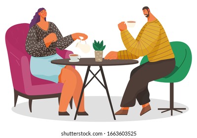 Two people drinking coffee and talking with each other in cafe. Man and woman sit on armchairs and have breakfast. Coffeehouse for date or meeting with friend in cafeteria. Vector illustration in flat