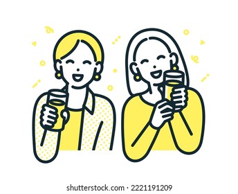 Two people drinking. Illustration material of a happy woman in a tipsy mood.