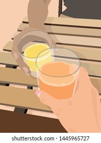 Two people are drinking juice 