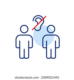 Two people with ear crossed out with red line. Silent meeting mode. Hearing impaired or deaf people support groups and communication. Pixel perfect, editable stroke vector icon