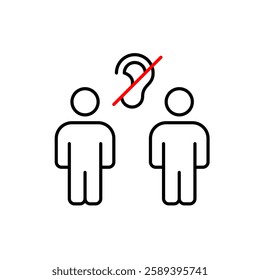 Two people with ear crossed out with red line. Silent meeting mode. Hearing impaired or deaf people support groups and communication. Pixel perfect, editable stroke vector icon