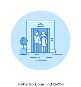 Two People In The Elevator Icon In Lineart Style 