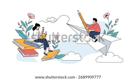 Two people embark on a creative journey aboard paper airplanes guided by a giant pencil in a whimsical setting.
