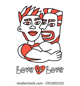 Dos personas abrazándose entre ellas con amor. Diseño conceptual para celebrar la diversidad sexual.