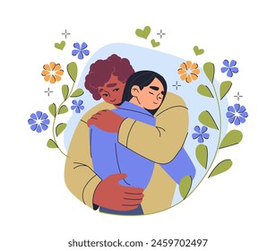 Two people embracing inside a floral frame, vector illustration isolated on white background, concept of mental health, friendship and love. 3D Illustration