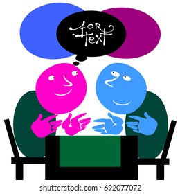 Two people are emotionally talking and gesticulating, sitting at the negotiating table. Vector illustration on white background for design of social projects for communication and business trainings.