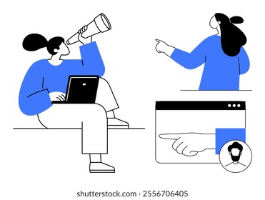 Two people engage in different activities. One uses a telescope while working on a laptop, and the other points forward. Web interface shows a pointing hand and user icon. Ideal for business