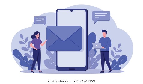 Two people engage in digital communication, with a large smartphone displaying an email icon and speech bubbles, symbolizing messaging and connectivity.