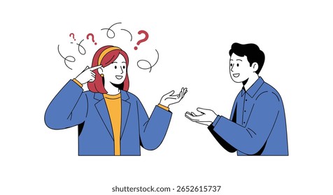 Two people engaged in a conversation with one person appearing confused and thinking hard about something