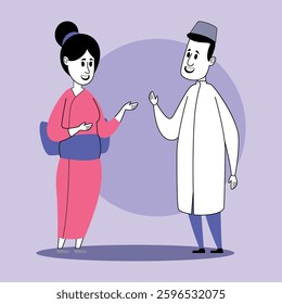 Two people engaged in friendly conversation, showcasing their traditional clothing. Woman wearing vibrant outfit while man dressed in traditional robe