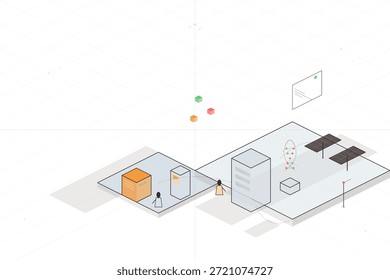Dos personas se dedican a tareas en un almacén. Una persona está cerca de una caja, mientras que la otra está junto a una mesa con documentos. El entorno es luminoso y organizado con elementos mínimos.