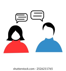 Two people engaging in a conversation with chat bubbles above their heads in a simple graphic style