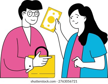 Two people engaging in a conversation while one shows a document and points towards a box