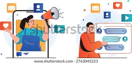 Two people engaging with digital communication tools through mobile devices and social media interaction icons floating around