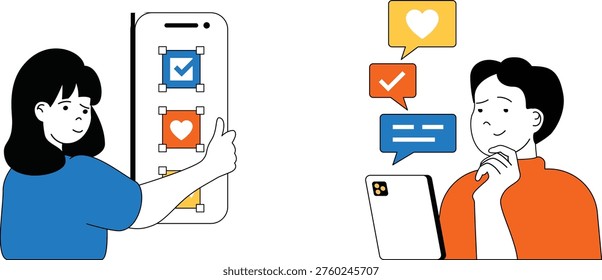 Two people engaging with digital feedback tools on their devices in a thoughtful and interactive manner