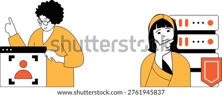 Two people engaging with digital media interfaces in a modern and professional environment showcasing interaction and technology use