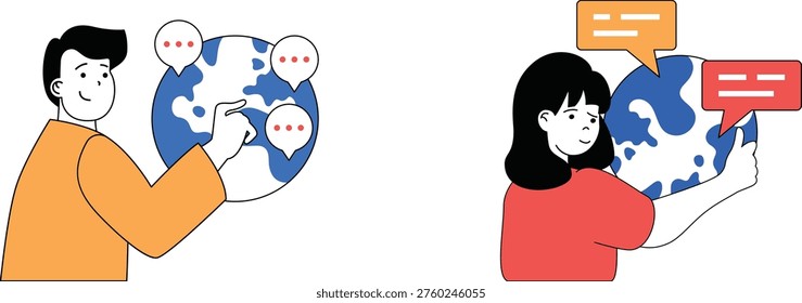 Two people engaging in global communication through digital devices with speech bubbles representing messages