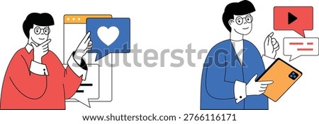 Two people engaging with social media and content creation in a modern digital workspace setting