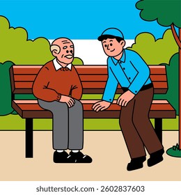 Two people enjoy a conversation on a wooden bench surrounded by trees